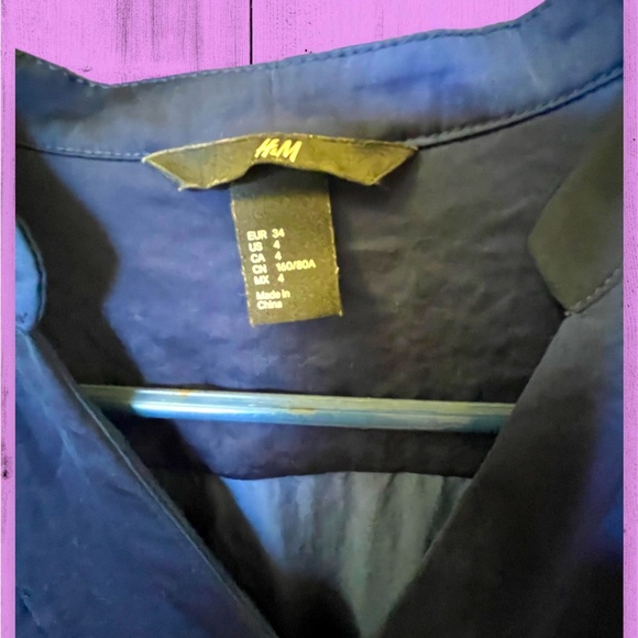 H&M Sz 4 Silk Shift Dress Tunic Blouse Cinched waistband 3/4 Sleeves Navy - Picture 4 of 5